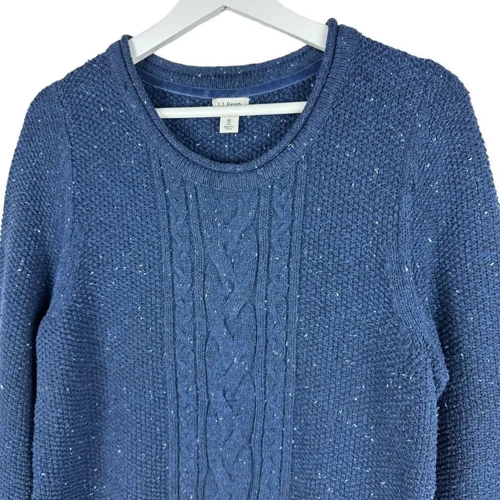 LL Bean Womens Medium Speckled Blue Sweater Cable Knit Cotton Blend 290395